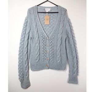 VTG Windcrest Cable Knit Cardigan Womens Medium Blue Popcorn Grandmacore Boho